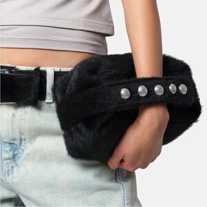 Apparis Brand New Black Faux Fur Clutch with Silver Accents Marfa Pochette